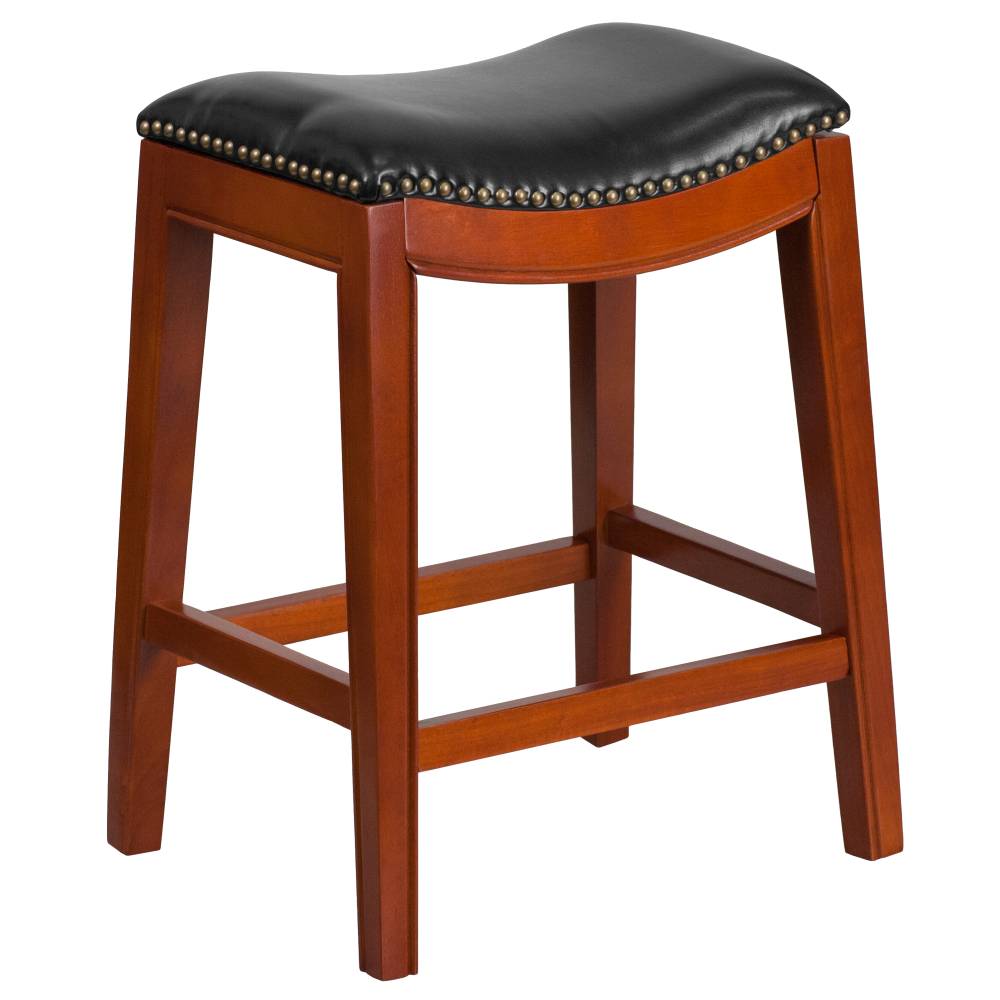 26'' High Backless Cappuccino Wood Counter Height Stool with Black LeatherSoft Saddle Seat 