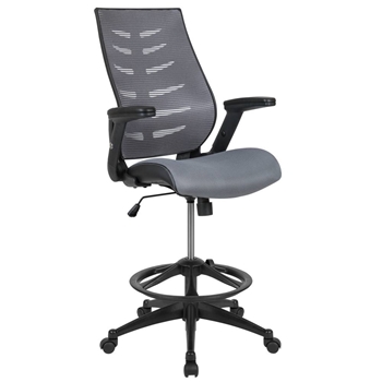 High Back Mesh Spine-Back Ergonomic Drafting Chair with Adjustable Foot Ring and Adjustable Flip-Up Arms 