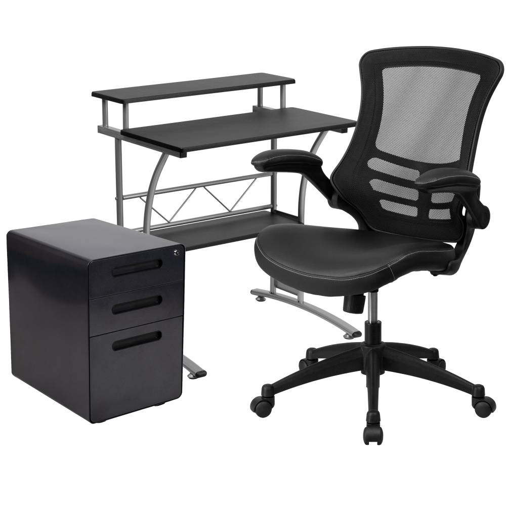 Black Desk, Chair, Cabinet Set