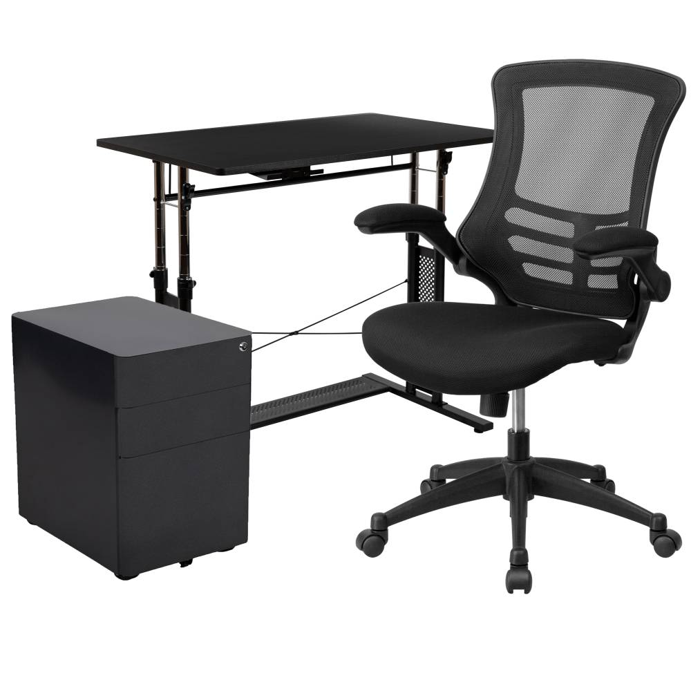 Black Desk, Chair, Cabinet Set