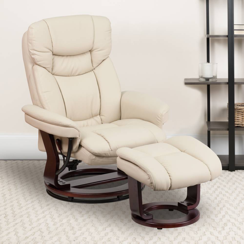 Beige Leather Recliner&Ottoman