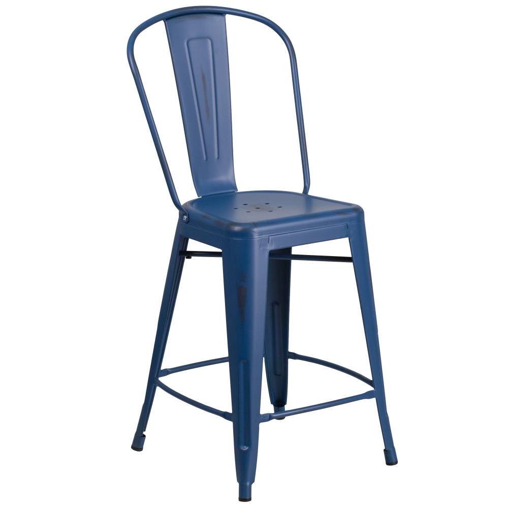 Distressed Blue Metal Stool