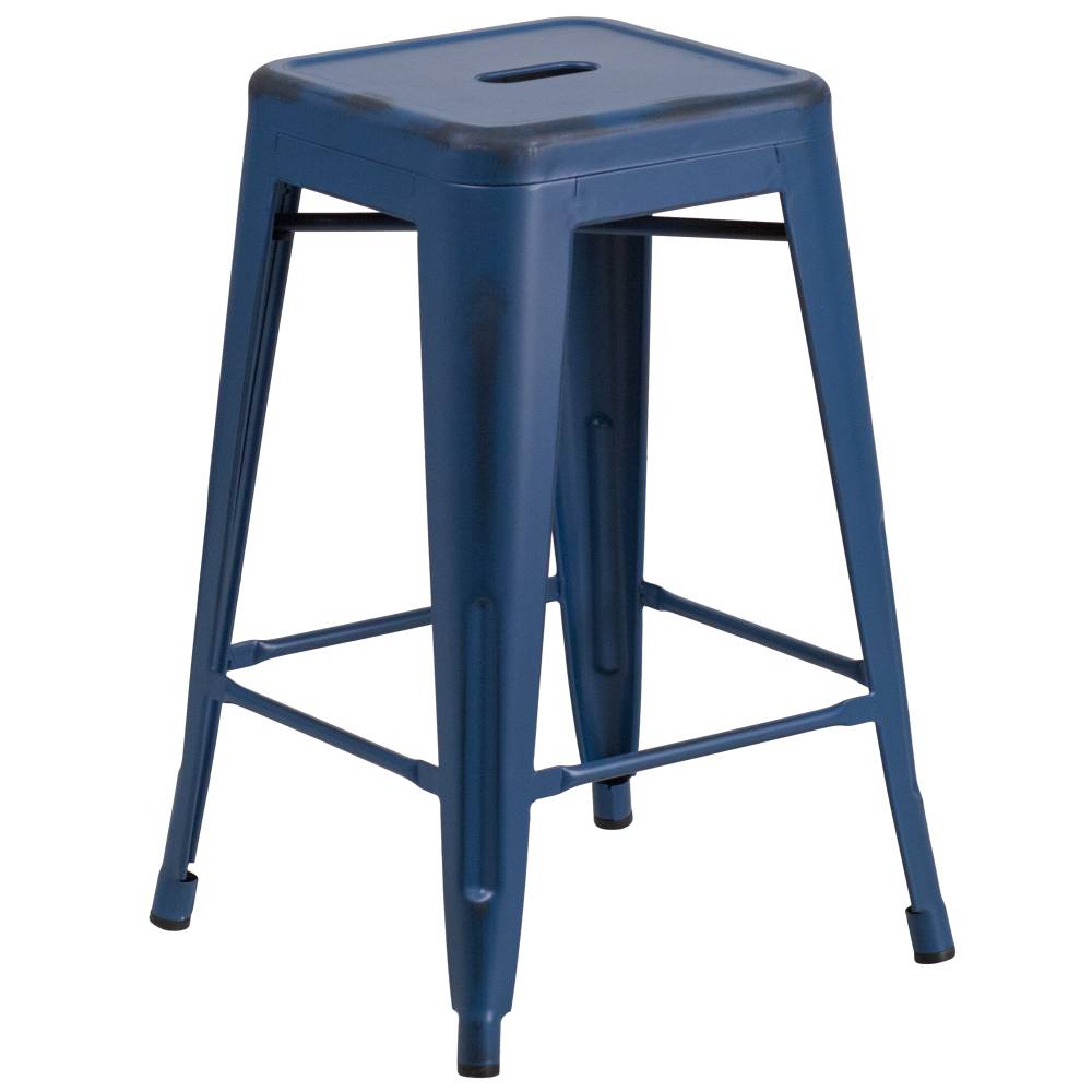 Distressed Blue Metal Stool