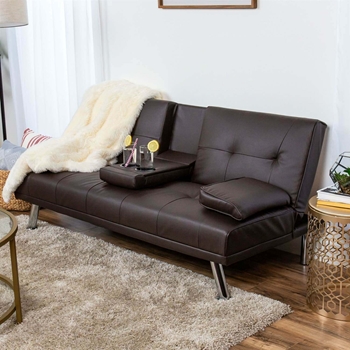 Brown Faux Leather Convertible Sofa Futon with 2 Cup Holders