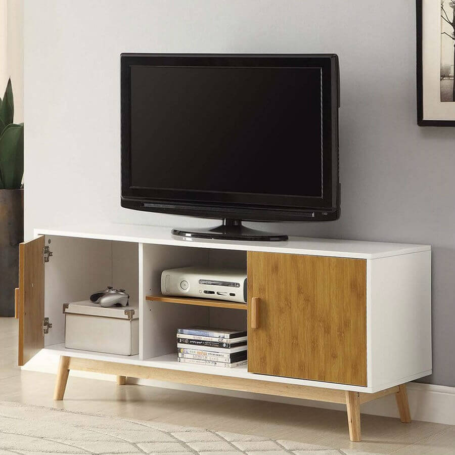 Modern 47-inch Solid Wood TV Stand in White Finish and Mid-Century Legs