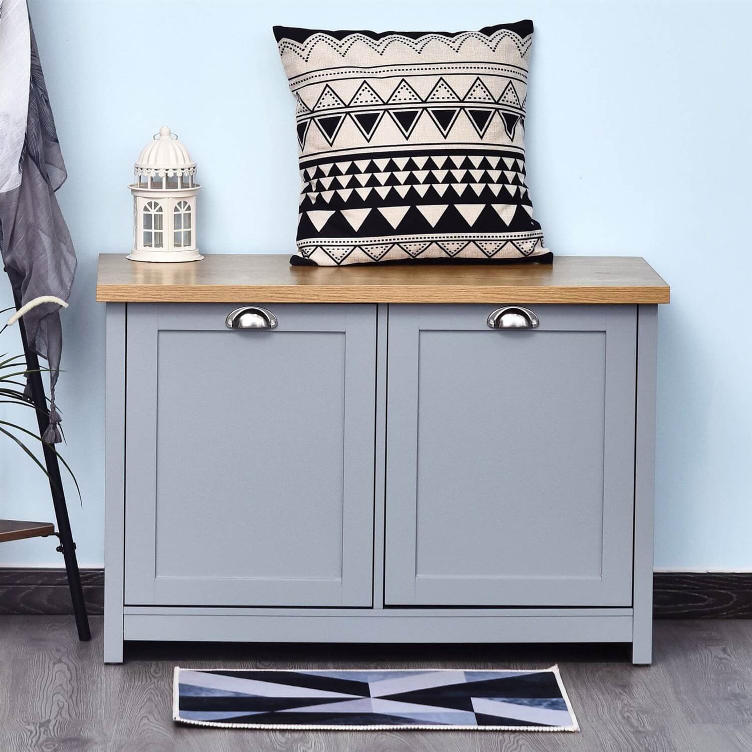Gray and Oak Finish Wood Top Cabinet Entryway Storage Bench