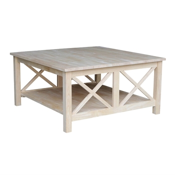 Square Unfinished Solid Wood Coffee Table with Bottom Shelf