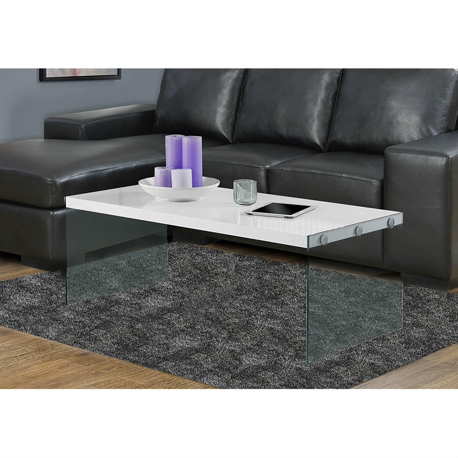 White Modern Rectangular Coffee Table with Tempered Glass Legs