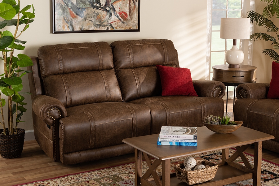 Baxton Studio Buckley Modern and Contemporary Light Brown Faux Leather Upholstered 2-Seater Reclining Sofa