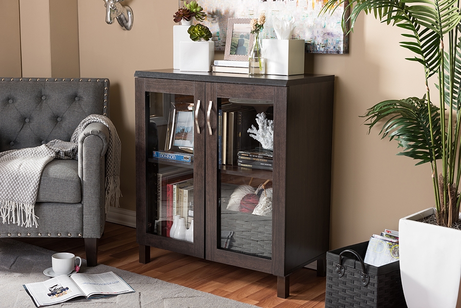 Baxton Studio Sintra Modern and Contemporary Dark Brown Sideboard Storage Cabinet with Glass Doors