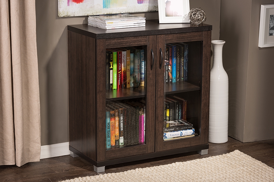 Baxton Studio Zentra Modern and Contemporary Dark Brown Sideboard Storage Cabinet with Glass Doors