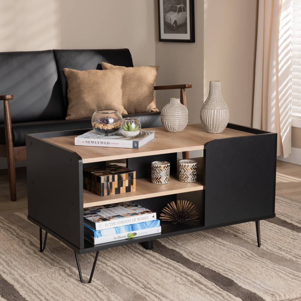 Baxton Studio Lilith Modern and Contemporary Two-Tone Black and Oak Brown Finished Wood and Metal 3-Tier Coffee Table