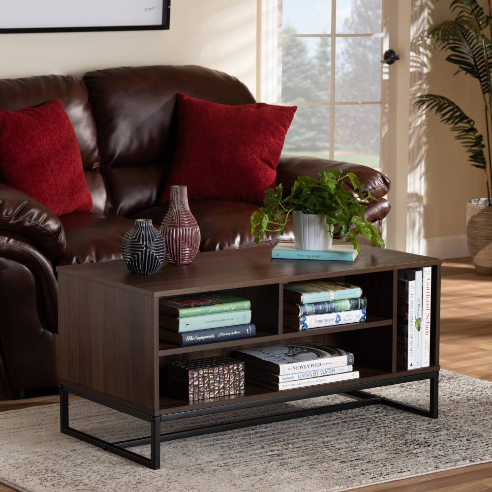 Baxton Studio Flannery Modern and Contemporary Walnut Brown Finished Wood and Black Finished Metal Coffee Table