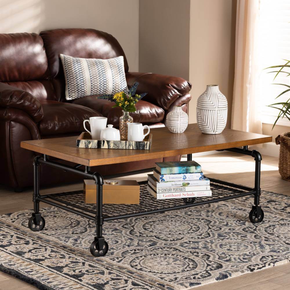 Baxton Studio Tamara Vintage Rustic Industrial Walnut Brown Finished Wood and Black Finished Metal Wheeled Coffee Table