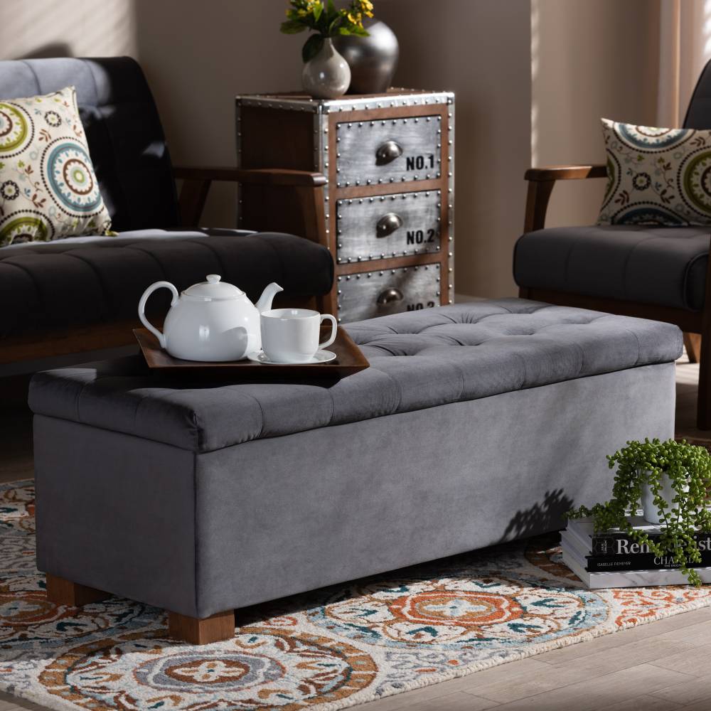 Baxton Studio Roanoke Modern and Contemporary Grey Velvet Fabric Upholstered Grid-Tufted Storage Ottoman Bench