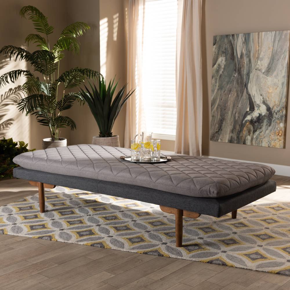 Baxton Studio Marit Mid-Century Modern Two-Tone Grey Fabric Upholstered Walnut Finished Wood Daybed