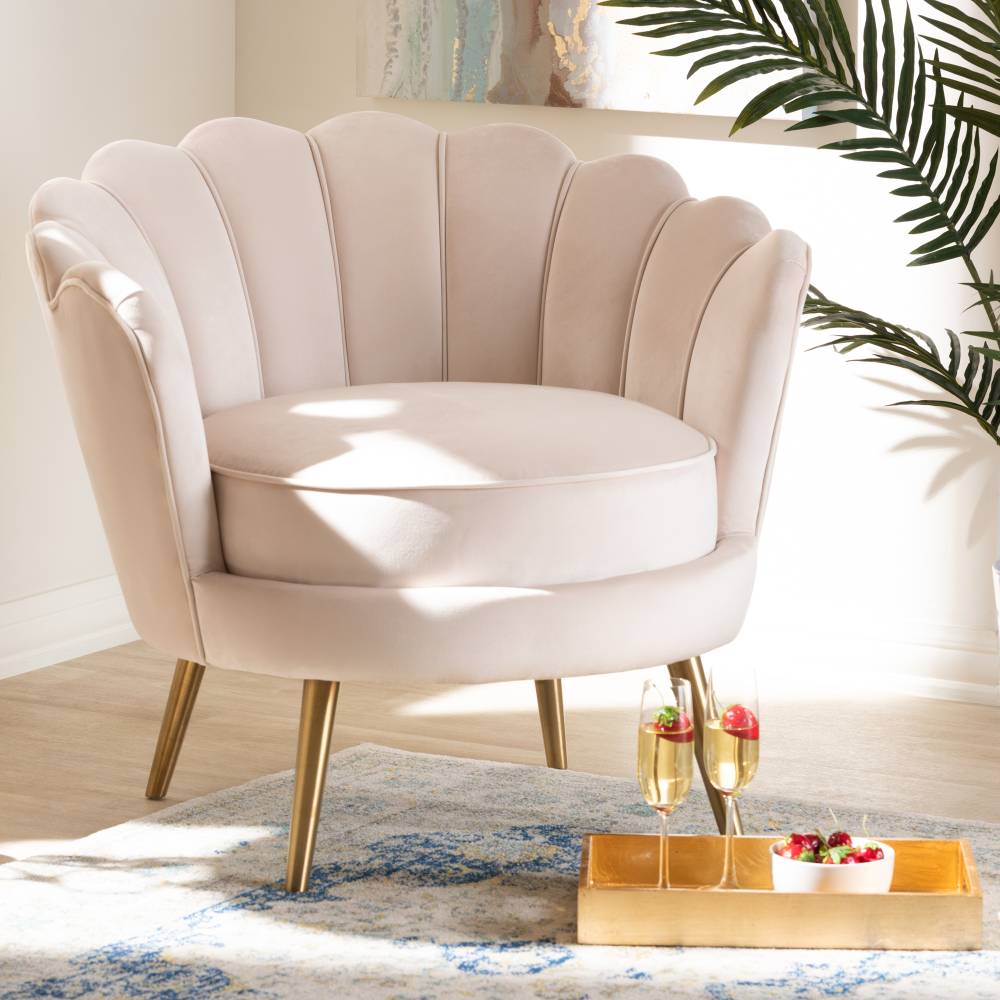 Baxton Studio Cosette Glam and Luxe Light Beige Velvet Fabric Upholstered Brushed Gold Finished Seashell Shaped Accent Chair