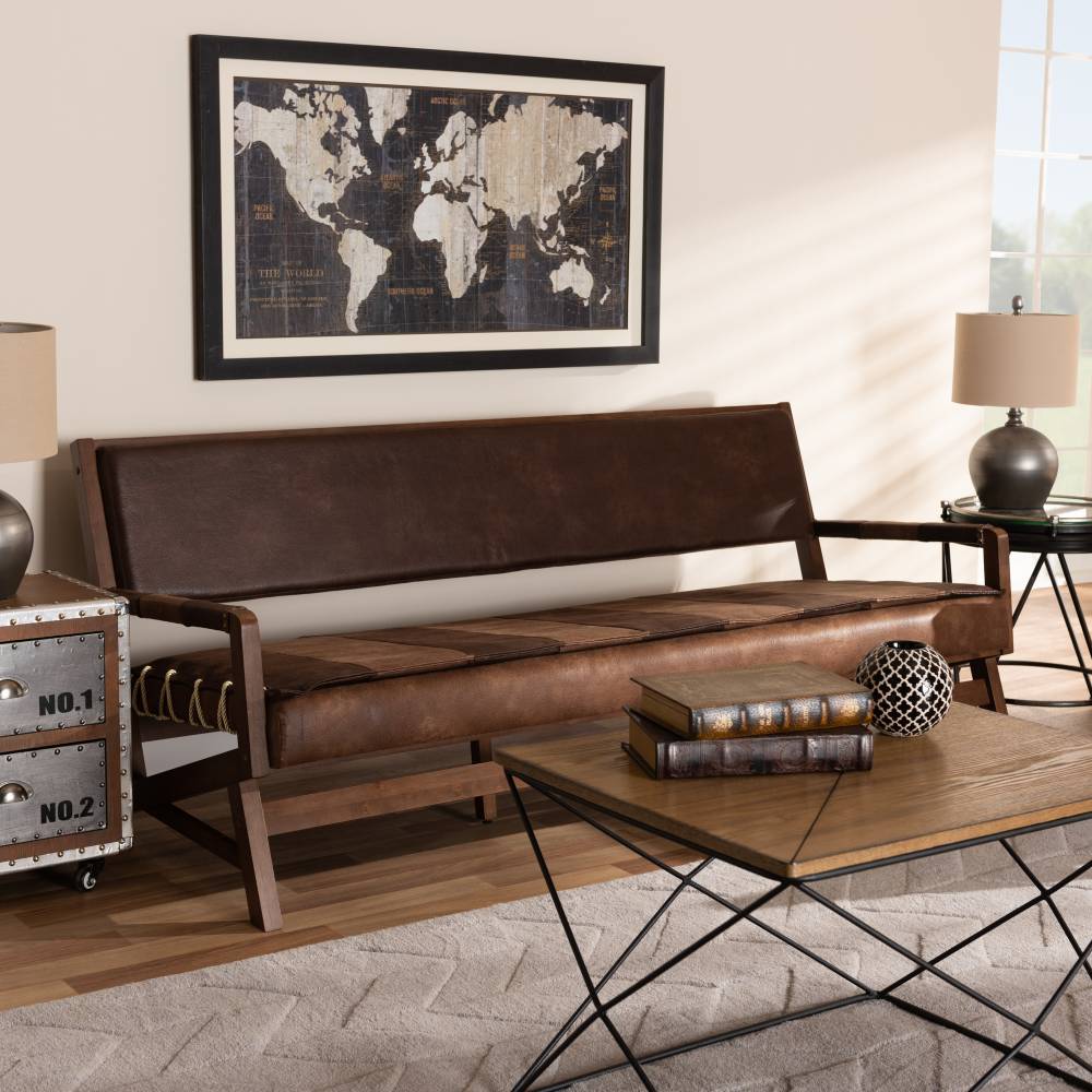 Baxton Studio Rovelyn Rustic Brown Faux Leather Upholstered Walnut Finished Wood Sofa