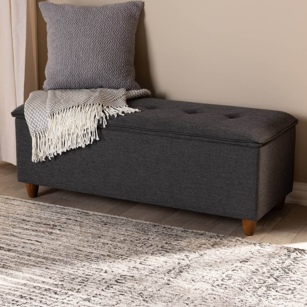 Baxton Studio Marlisa Mid-Century Modern Walnut Finished Wood and Dark Grey Fabric Upholstered Button Tufted Storage Ottoman Bench