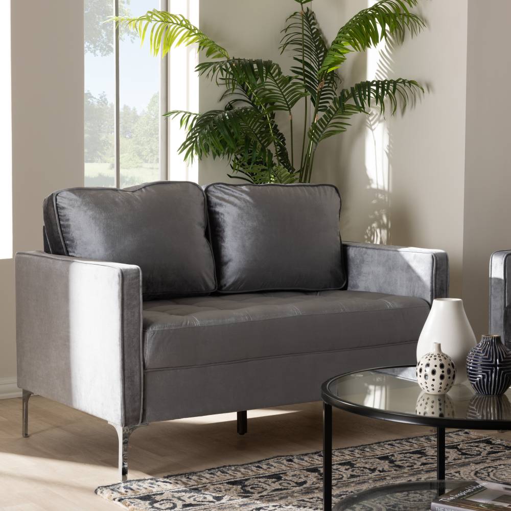 Baxton Studio Clara Modern and Contemporary Grey Velvet Fabric Upholstered 2-Seater Loveseat